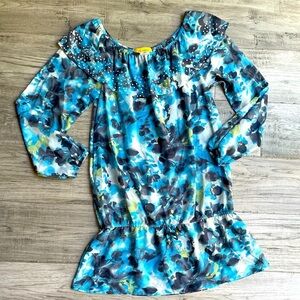 St. John Silk Blend Top/Dress Elastic Waist, Neck And Wrist Faux Tie Ruffle SZ M